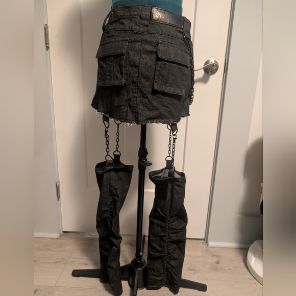 Dolls Kill Darker Wavs Denim Miniskirt with Chains and Denim Leg Warmers - Picture 7 of 11